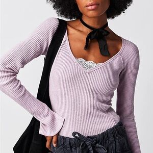 Free People Lilac Passing Thru Ribbed Long Sleeve Top - NWT - Size Small